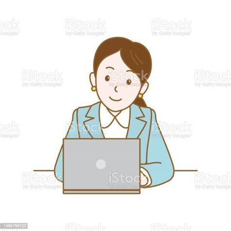 A Suit Woman Who Operates A Personal Computer With A Smile Vector