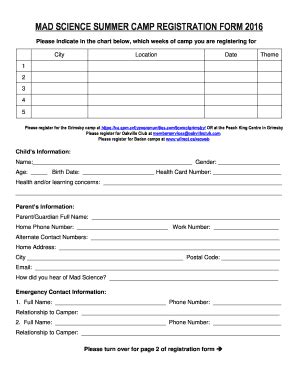 Fillable Online Hamilton Madscience Summer Camp Registration Form Mad