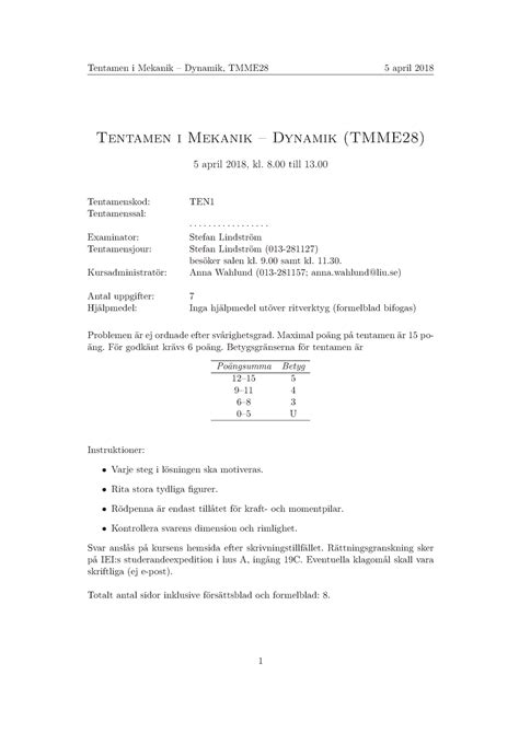 Tenta 5 April 2018 frågor och svar Tentamen i Mekanik Dynamik