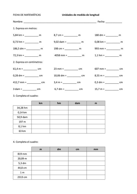 Ficha De MatemÁticas Unidades De Medida De Longitud