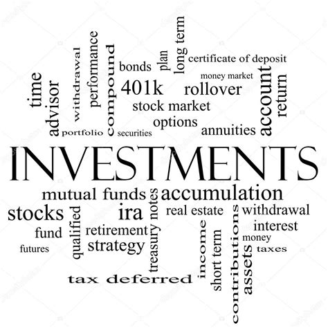 Investments Word Cloud Concept In Black And White Stock Photo