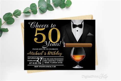 50th Birthday Invitations Men Birthday Party Cognac And Etsy