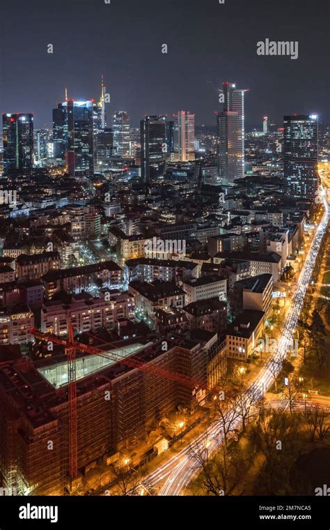 View from the window into the night and illuminated Frankfurt. Marriott ...