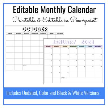 Editable Monthly Calendar 2023 Printable & Editable | TPT