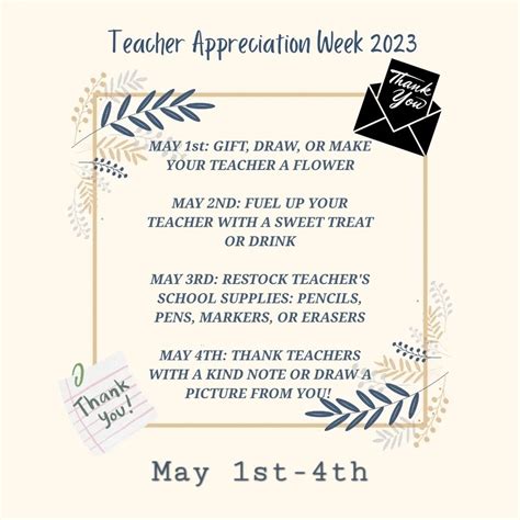 Teacher Appreciation Week 2023 May 1st 4th John V Evans Elementary