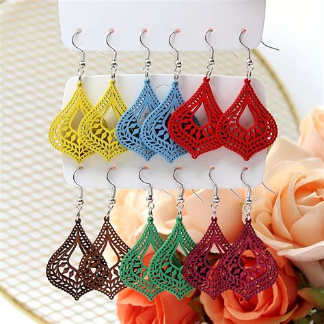 Geometric Shape Carved Pattern Colorful Dangle Earrings Temu Portugal