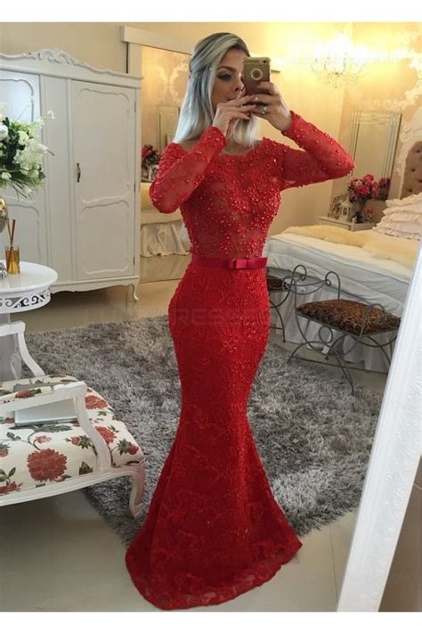 Red Long Sleeves Lace Mermaid Prom Dresses Evening Gowns 3020207