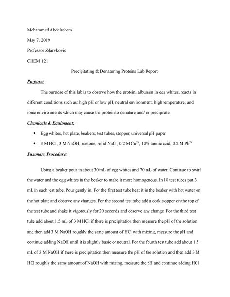 Lab 10 Denaturing Proteins Mohammed Abdelrehem May 7 2019 Professor