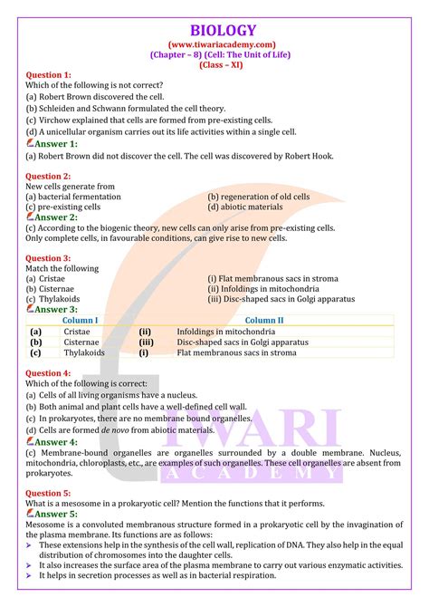 Ncert Solutions For Class 11 Biology Chapter 8 Cell The Unit Of Life