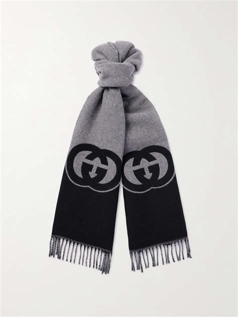 Gucci Fringed Logo Jacquard Wool And Cashmere Blend Scarf For Men Mr