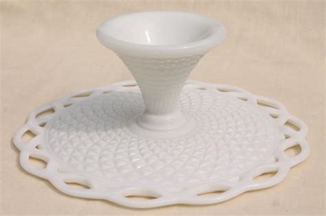 Vintage Milk Glass Cake Stand Open Lace Edge Pattern Cake Pedestal Plate