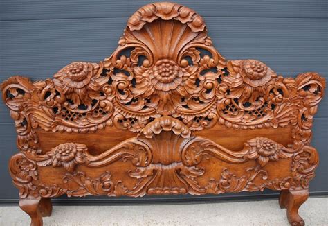 Hand Carved Wood Full Queen Bed Floral Design Handmade Wood Furniture