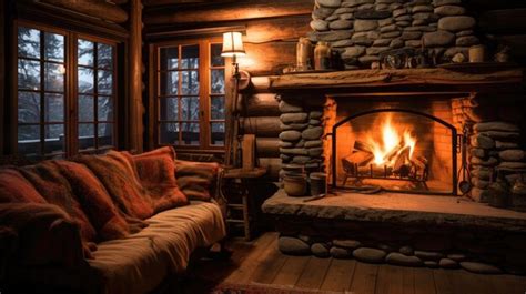 Premium AI Image | A photo of a cozy fireplace in a log cabin warm ...