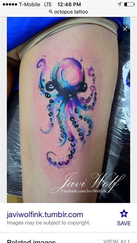 An Octopus Tattoo Is Shown On The Thigh And Its Colors Are Very Colorful