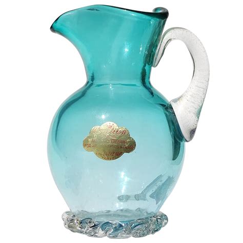 Barbini Murano Aqua Blue Gold Fleck Handle Italian Art Glass Pitcher Flower Vase For Sale At 1stdibs