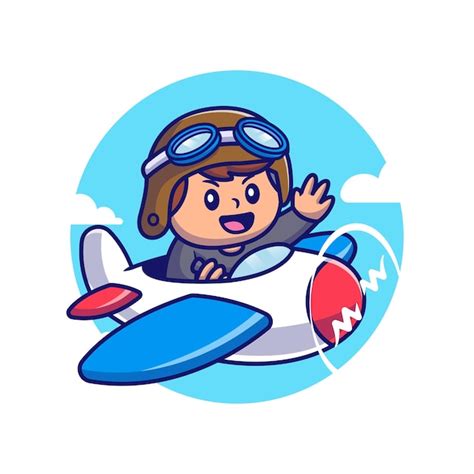 Lindo hombre piloto vuelo con avión dibujos animados vector icono