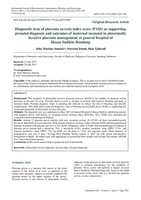 Pdf Diagnostic Tests Of Placenta Accreta Index Score Pais As