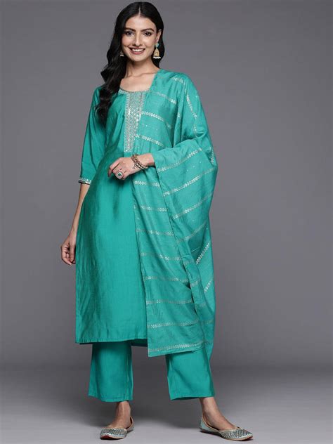 Buy Green Yoke Design Silk Blend Straight Suit With Dupatta Online At