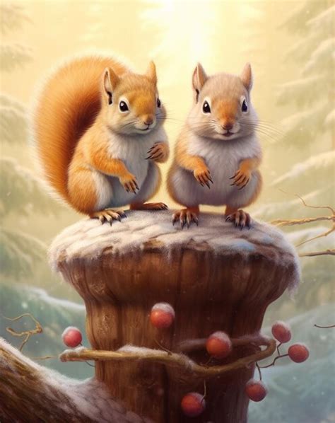 Premium Photo There Are Two Squirrels Sitting On A Tree Stump In The