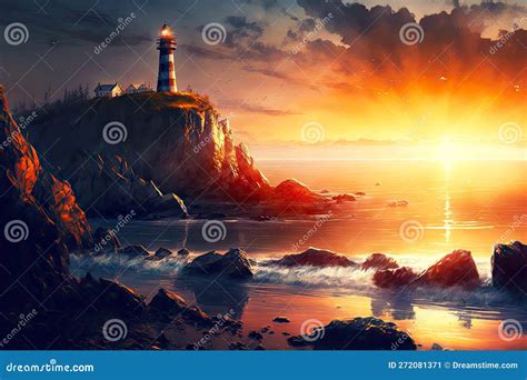 Beaful Sunset Landscape With High Lonely Lighthouses On Rocky Sea Slope