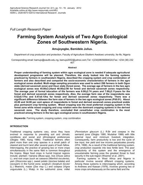 Farming System Analysis Of Two Agro Ecological Zones Of