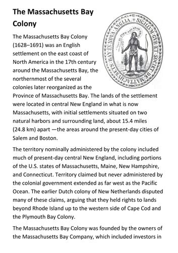 The Massachusetts Bay Colony Handout Teaching Resources