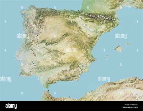 Spain and Portugal, Relief Map With Border Stock Photo - Alamy