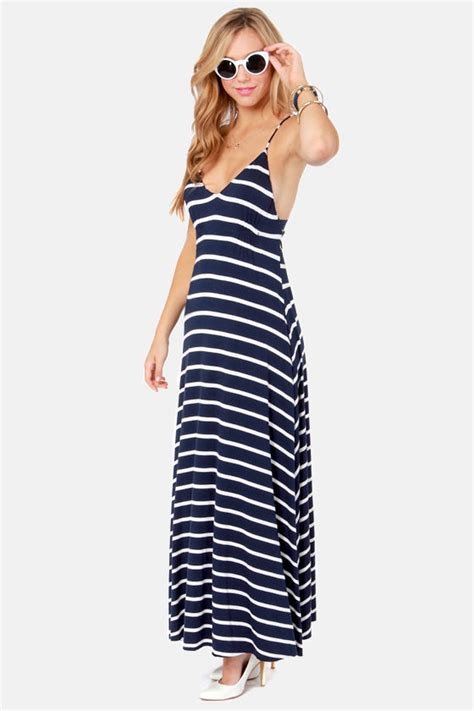 Cute Navy Blue And White Dress Striped Dress Maxi Dress 6300