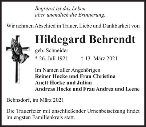 Traueranzeigen Von Hildegard Behrendt Geb Schneider Abschied