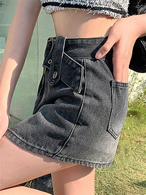 Emmiol Free Shipping 2023 Buckle Belt Washed Denim Cargo Mini Skirt