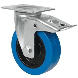 Transport Castor With Plate Elastic Rubber Wheel Blue Swivel Castor