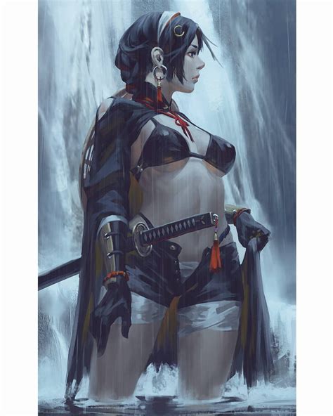 Black Haired Female Warrior Character Illustration Guweiz Samurai