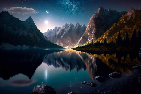 Premium Photo | Night sky stars over mountain lake Illustration Nature ...