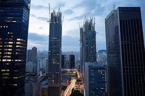 Fundo Muitos Edifícios Altos No Céu Fundo Rio Local De Construção