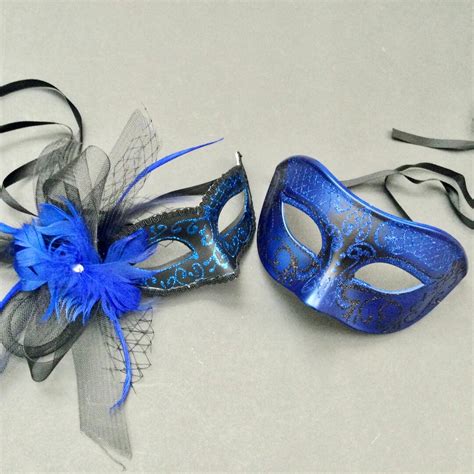 Couples Dark Blue Masquerade Ball Feather Flower Netting Party Mask