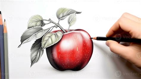 3D Art Presenting Image of Hand Drawing Realistic Red Apple with Pencil ...