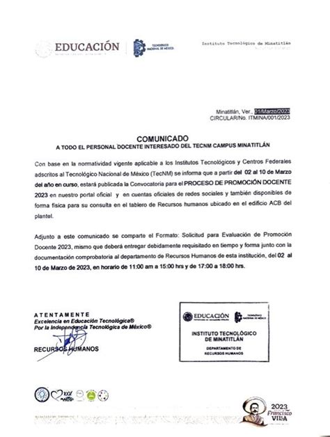 Comunicado Recursos Humanos Tecnm Instituto Tecnol Gico De Minatitl N