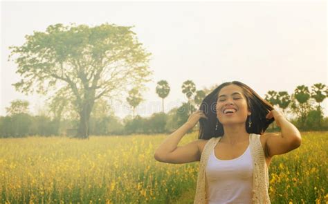 Happy woman smile nature. stock photo. Image of countryside - 109239330