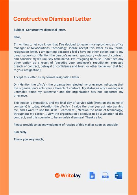 9 Constructive Dismissal Resignation Letter MyriamFreida