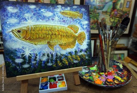 Hand Drawnart Painting Oil Color Auspicious Arowana Fish Lucky