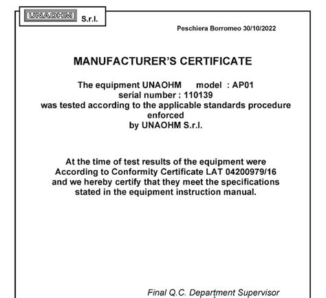 Certificato Di Calibrazione Unaohm