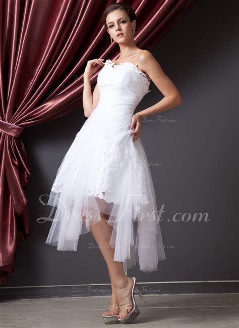 A Line Princess Strapless Asymmetrical Tulle Wedding Dress With Ruffle