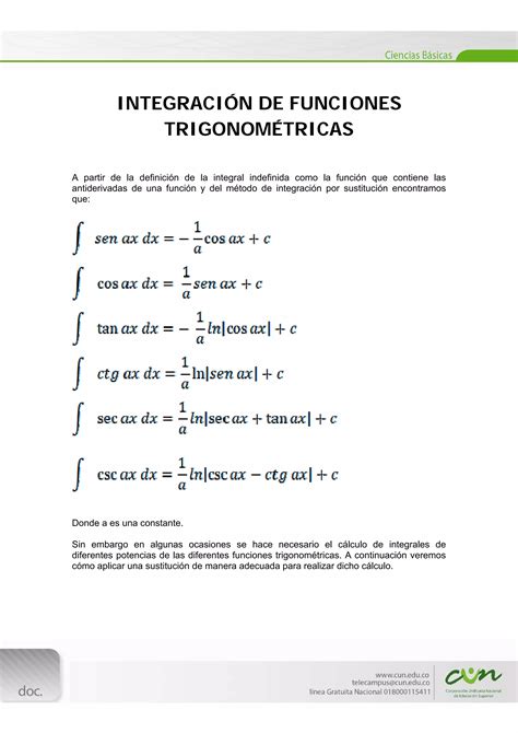 Integración De Funciones Trigonométricas Pdf Descarga Gratuita