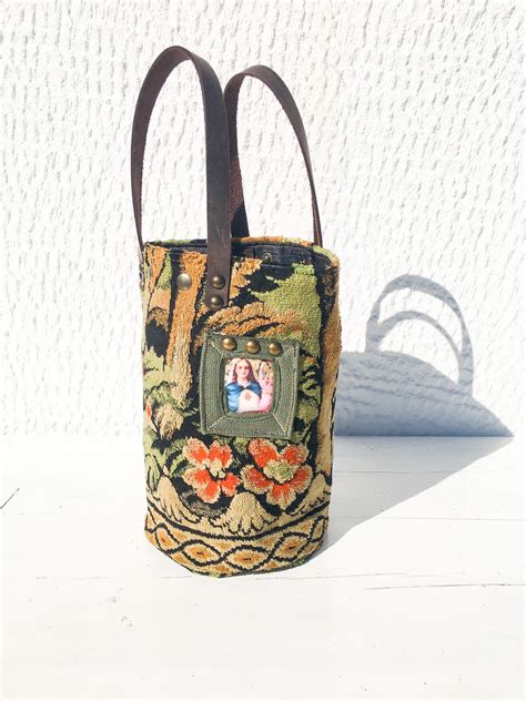 Small Bucket Style Tote Bag Upcycled Vintage Tapestry Bucket Fabric