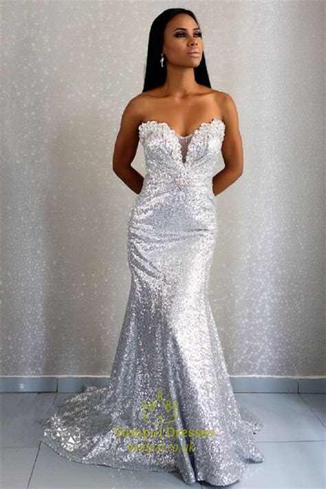 White Strapless Sweetheart Beaded Sequin Embellished Long Prom Dress