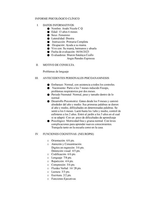 Informe Psicológico Clínico INFORME PSICOLÓGICO CLÍNICO I DATOS