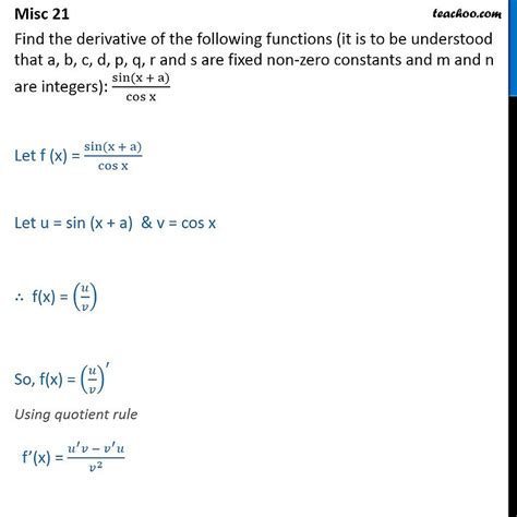 Misc Find Derivative Sin X A Cos X Miscellaneous