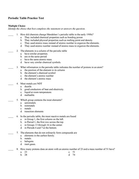 Periodic Table Practice Test Periodic Table Practice Test Multiple