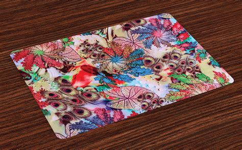 Peacock Placemats Set Of Colorful Floral Artwork With Peacock Feather