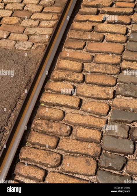 Cobbled Street And Tram Track Rail At The National Tramway Museum